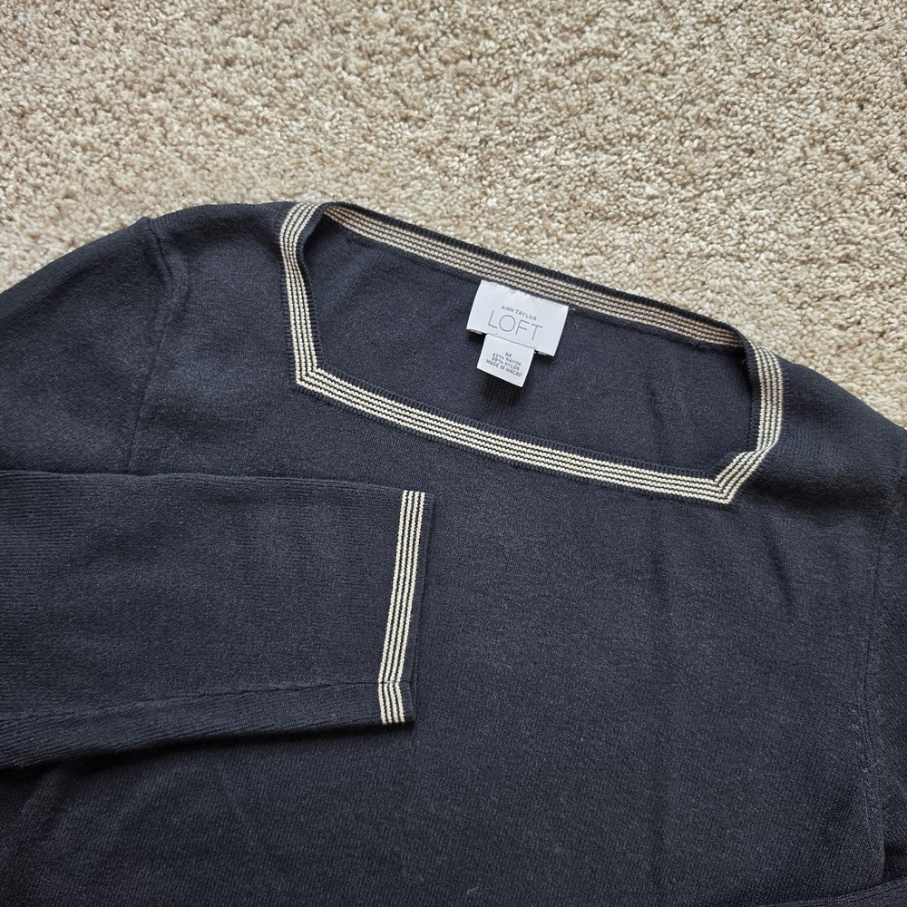 Ann Taylor LOFT Sweater Womens M Black Pullover Square Neck Lightweight Pockets